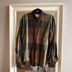 BILLY REID Tuscumbia Linen Oxford. Green/Brown Plaid Linen Button-down, Sz. L